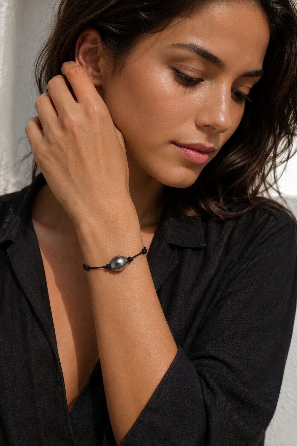 Tahitian Baroque Pearl Leather Adjustable Bracelet for Women - Model Image