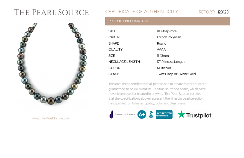 11-13mm Tahitian South Sea Pearl Multicolor Necklace - AAAA Quality-Certificate