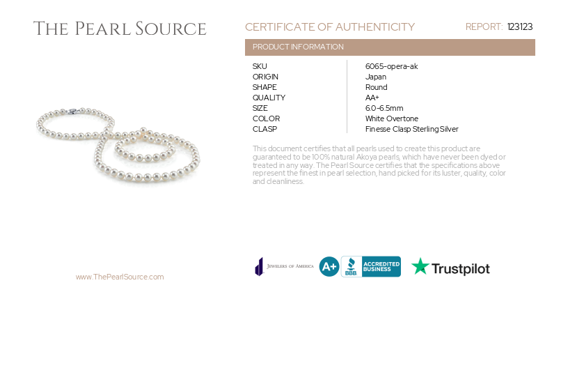 6.0-6.5mm Opera Length Japanese Akoya Pearl Necklace-Certificate