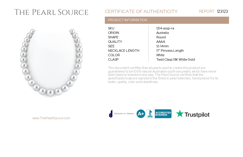 12-14mm White South Sea Pearl Necklace - AAAA Quality-Certificate