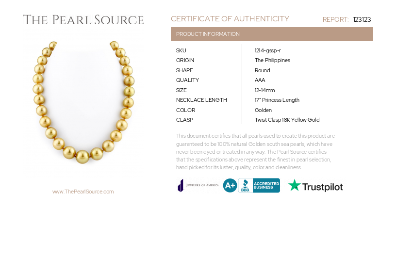 12-14mm Golden South Sea Pearl Necklace - AAA Quality-Certificate