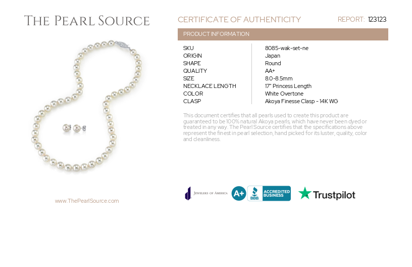8.0-8.5mm Japanese White Akoya Pearl Necklace & Earrings-Certificate