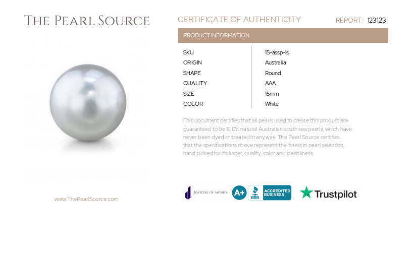15mm White South Sea Loose Pearl-Certificate
