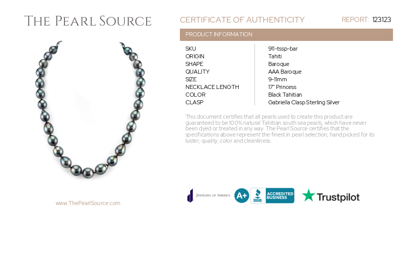9-11mm Tahitian South Sea Baroque Pearl Necklace-Certificate