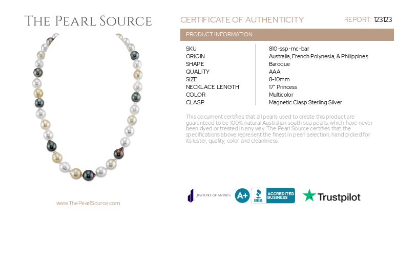8-10mm South Sea & Tahitian Multicolor Baroque Pearl Necklace-Certificate