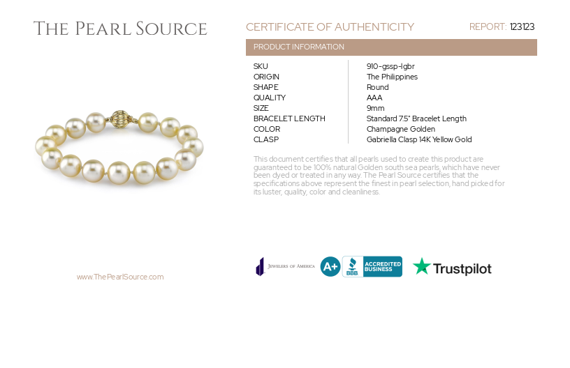 9-10mm Champagne Golden South Sea Pearl Bracelet-Certificate