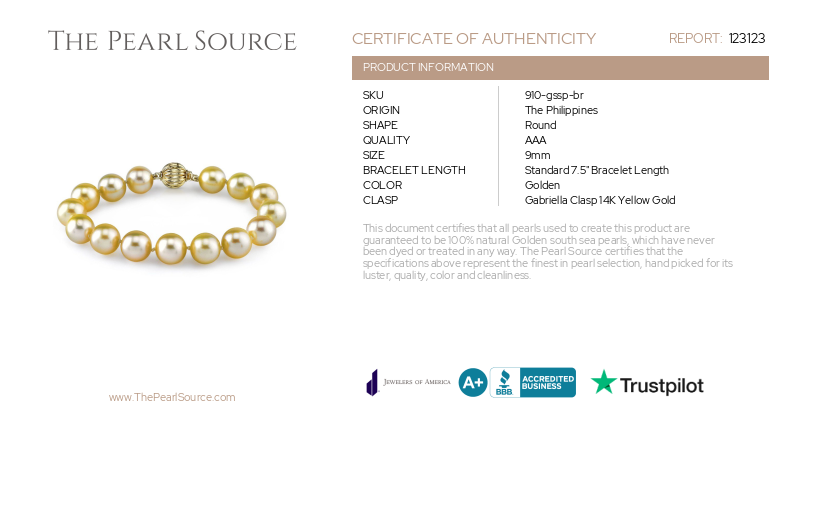 9-10mm Golden South Sea Pearl Bracelet-Certificate