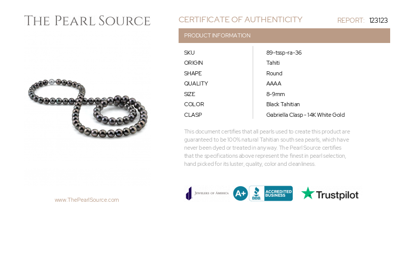 Opera Length 8-9mm Tahitian South Sea Pearl Necklace - AAAA Quality-Certificate