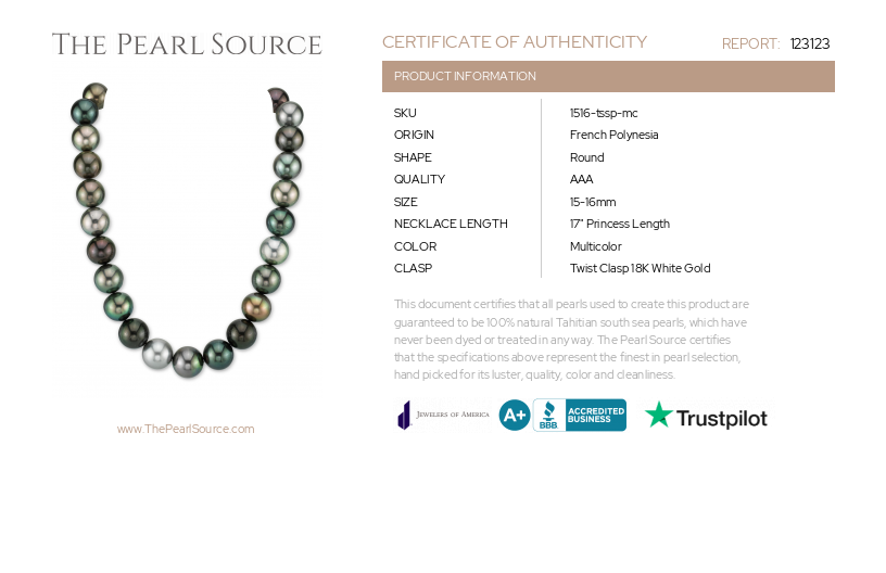 15-16mm Tahitian South Sea Multicolor Pearl Necklace-Certificate