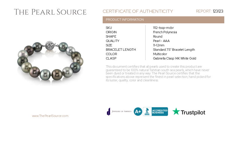 11-12mm Tahitian South Sea Multicolor Pearl Bracelet-Certificate