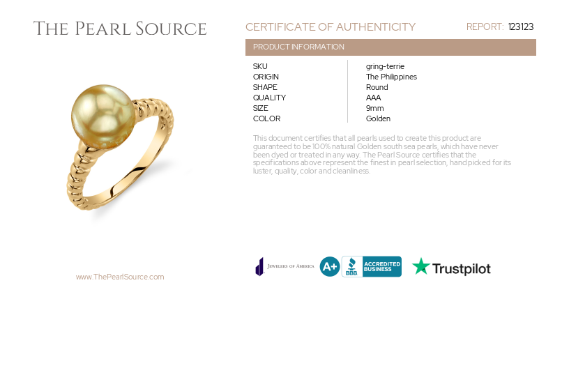Golden South Sea Pearl Terrie Ring-Certificate