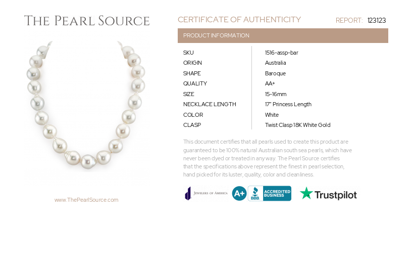 15-16mm White South Sea Baroque Pearl Necklace-Certificate