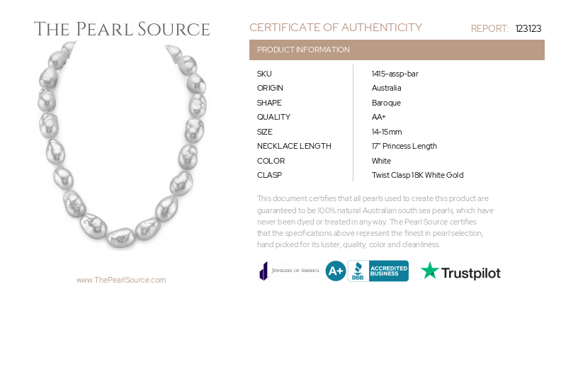 14-15mm White South Sea Baroque Pearl Necklace-Certificate