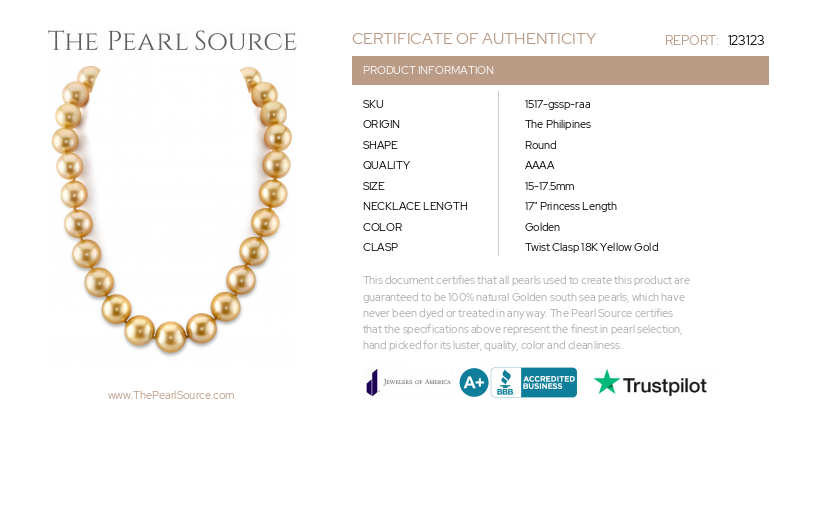 15-17.5mm Golden South Sea Pearl Necklace - AAAA Quality-Certificate