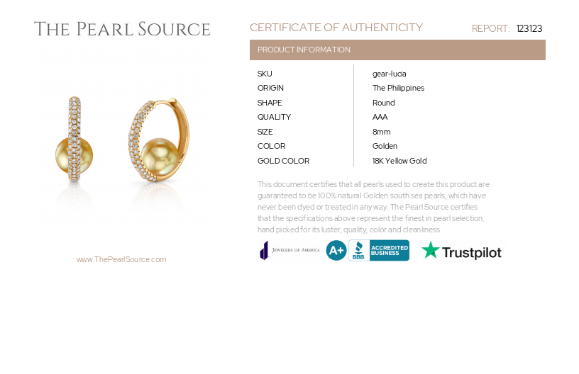 Golden South Sea Pearl & Diamond Hoop Lucia Earrings-Certificate