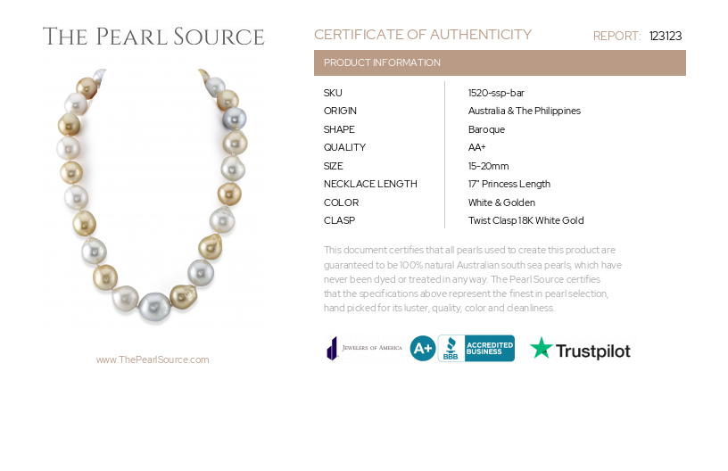 15-20mm Multicolor White & Golden South Sea Baroque Pearl Necklace-Certificate