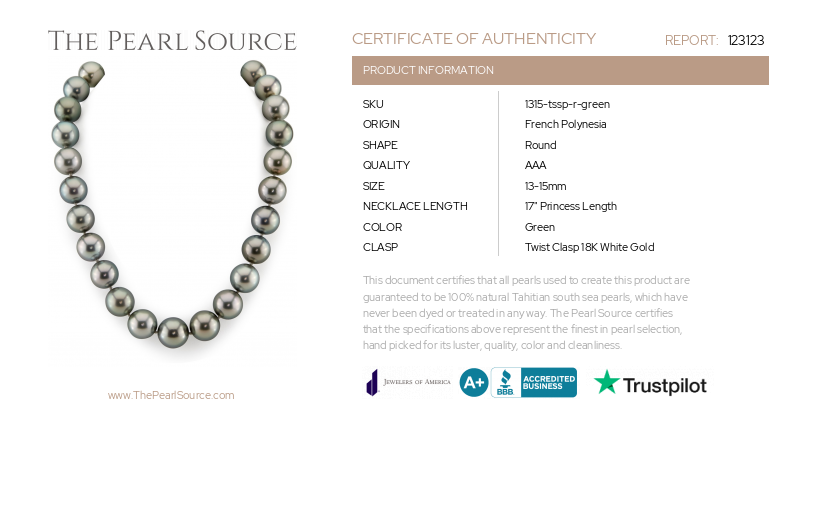 13-15mm Green Tahitian South Sea Pearl Necklace - AAA Quality-Certificate