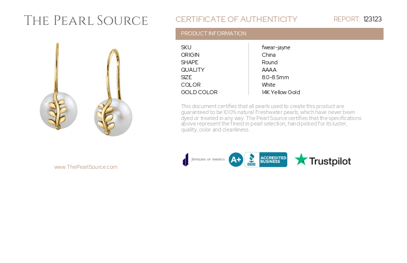 Freshwater Pearl Jayne Leaf Earrings-Certificate