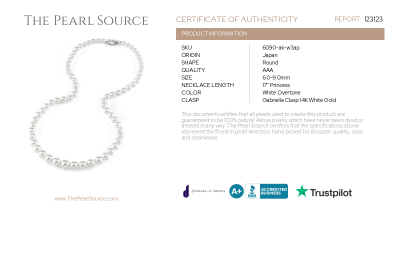 6.0-9.0mm Japanese Akoya White Graduated Pearl Necklace - AAA Quality-Certificate