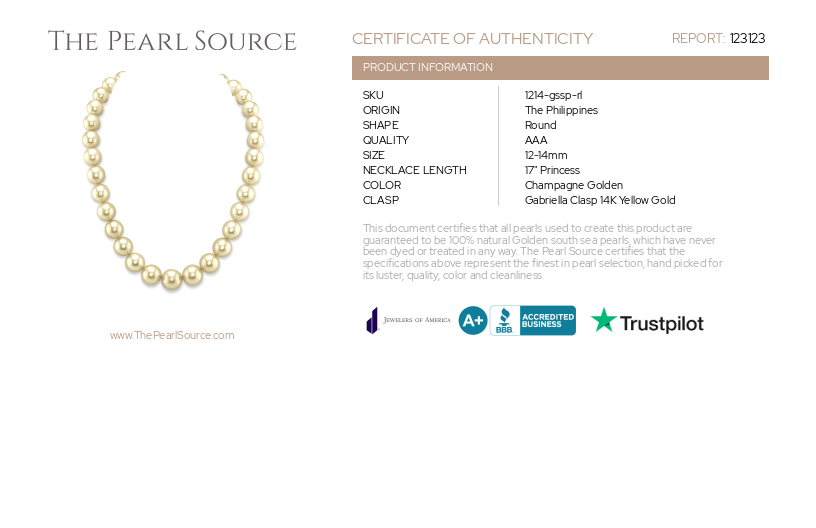 12-14mm Champagne Golden South Sea Pearl Necklace - AAA Quality-Certificate
