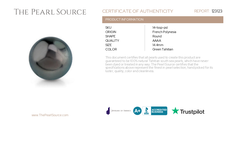 14.4mm Tahitian South Sea Pearl - PSL Certified-Certificate