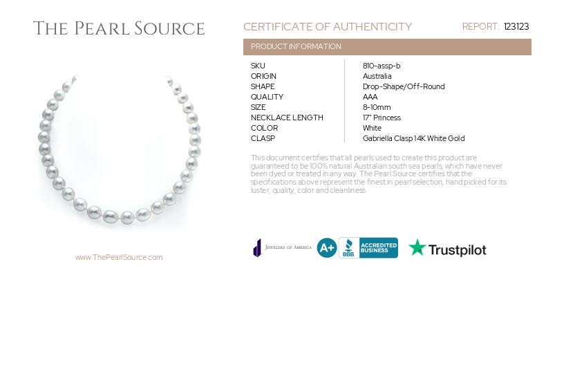 8-10mm White South Sea Drop Shape Pearl Necklace - AAA Quality-Certificate
