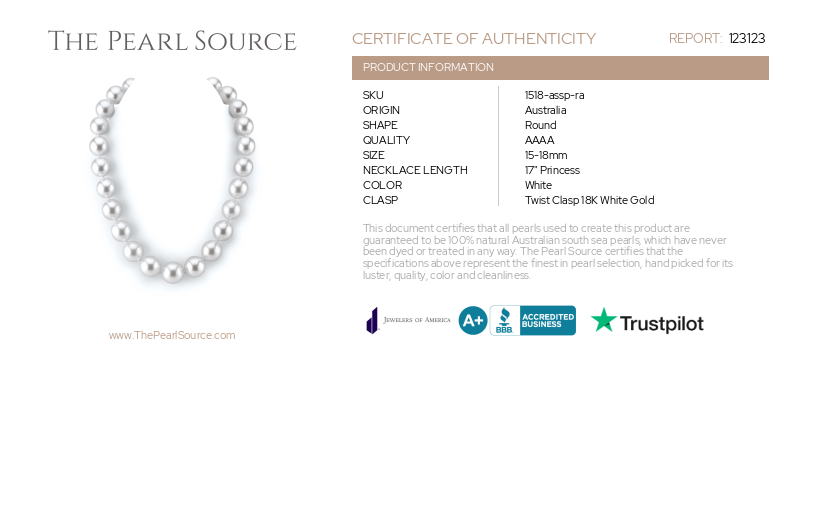 RARE 15-18mm Round White South Sea Pearl Necklace - GIA Certified-Certificate