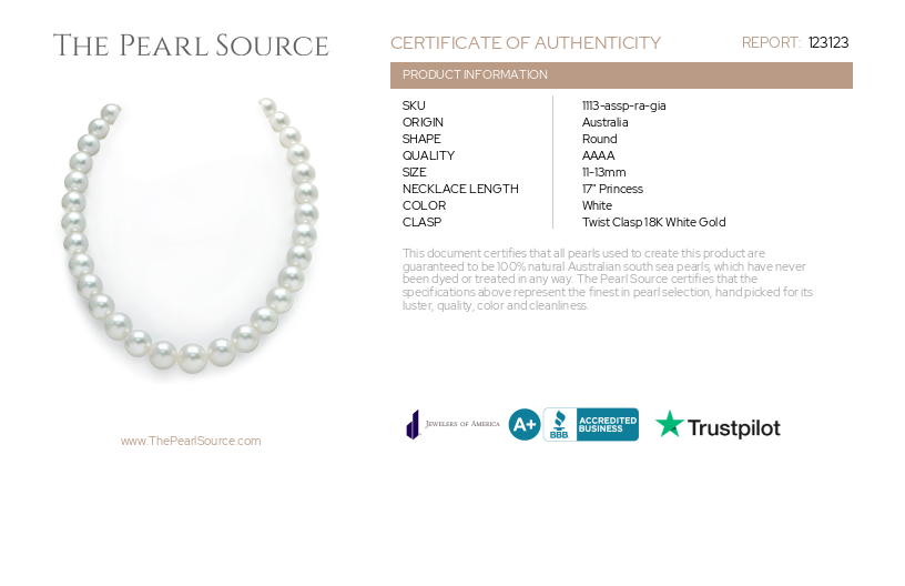 11-13mm White South Sea Pearl Necklace - GIA Certified-Certificate