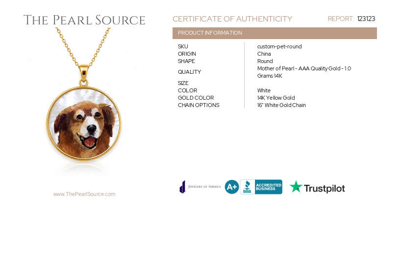 14K Gold Custom Mother of Pearl Round Pendant-Certificate