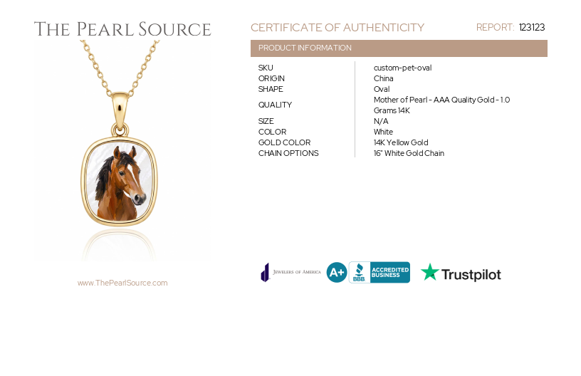 14K Gold Custom Mother of Pearl Oval Pendant-Certificate