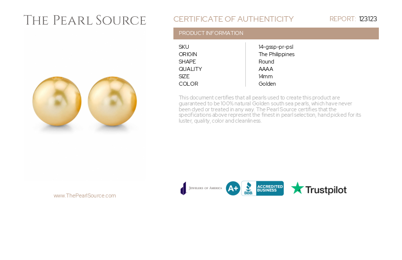 14mm Golden South Sea Loose Pair - PSL Certified-Certificate