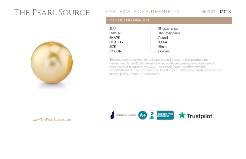 15mm Golden South Sea Loose Pearl - PSL Certified-Certificate