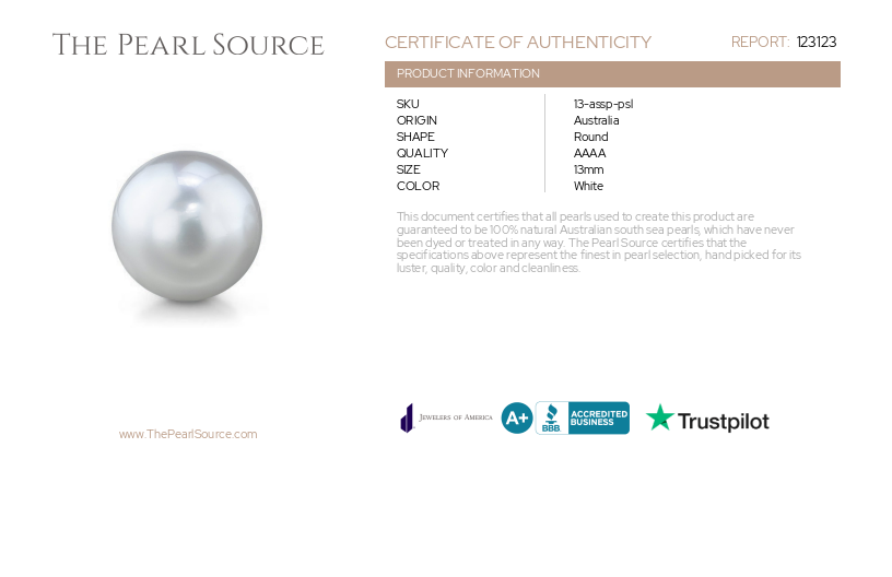 13mm White South Sea Loose Pearl - PSL Certified-Certificate