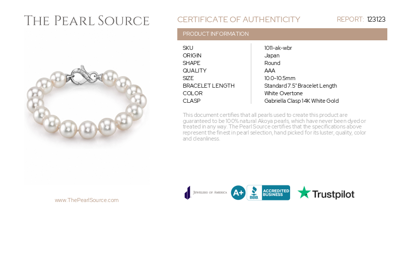 10-10.5mm Akoya White Pearl Bracelet - AAA Quality-Certificate
