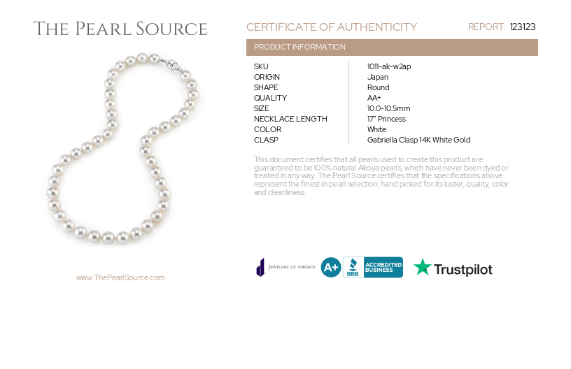 10-10.5mm Japanese Akoya White Pearl Necklace - AA+ Quality-Certificate