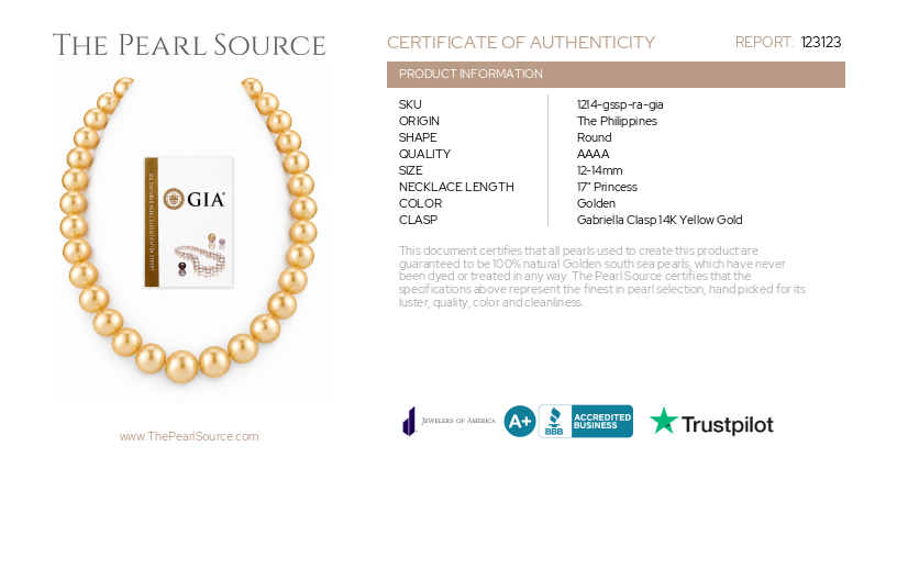 12-14mm Round Golden AAAA Quality South Sea Pearl Necklace - GIA Certified-Certificate