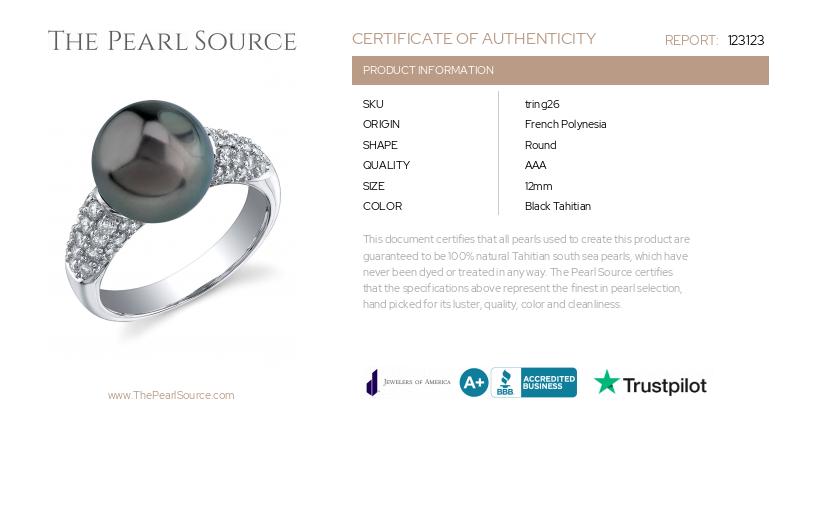 Tahitian South Sea Pearl & Diamond Serenity Ring-Certificate