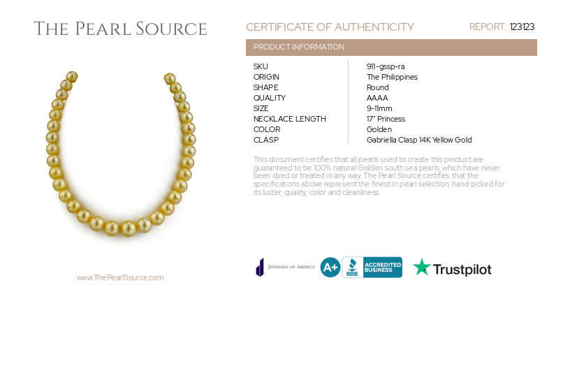 9-11mm Golden South Sea Pearl Necklace - AAAA Quality-Certificate